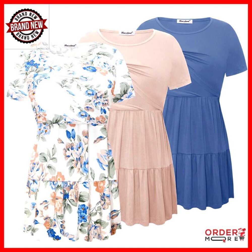 Nursing Top 3-Pack Short Sleeve Scoop Neck Breastfeeding Shirt Pleated Design